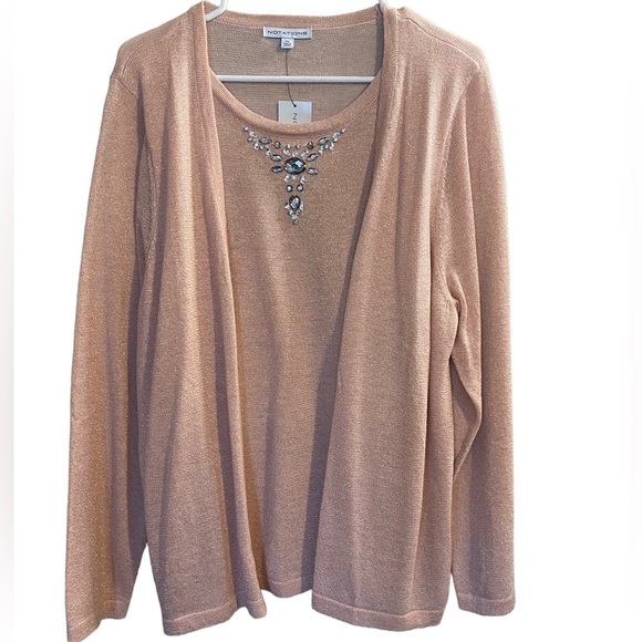 𝅺NOTATIONS Blouse Top Size XL Pink Metallic Long Sleeve Sweater Shirt Faux C… - Picture 1 of 9